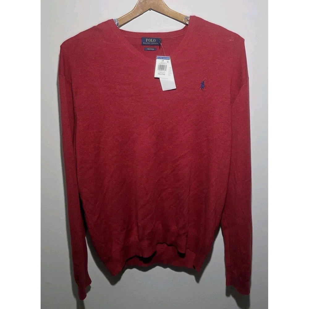 Polo Ralph Lauren Pima Cotton V‎ Neck Sweater Mens XXL Long Sleeves Flame Heat